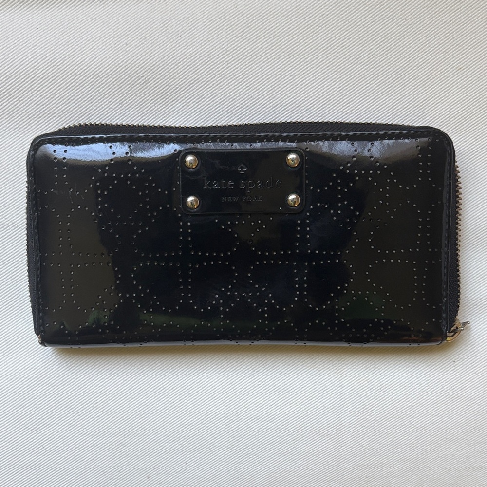 kate spade Black Patent Leather Zip-Around Wallet with Perforated Dot Motif
